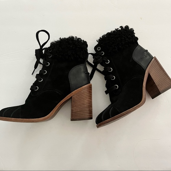 Ugg “Jaxon” black suede Boots, shearling cuff, block heel -6.5 - Picture 3 of 10